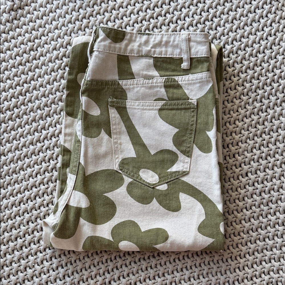 Floral Boot Cut Pants - Green & Cream